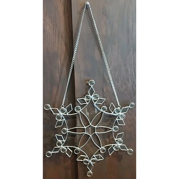 13" Clear Beveled Glass Snowflake Wall Window Hanging Silver w/ chain suncatcher - Picture 1 of 5